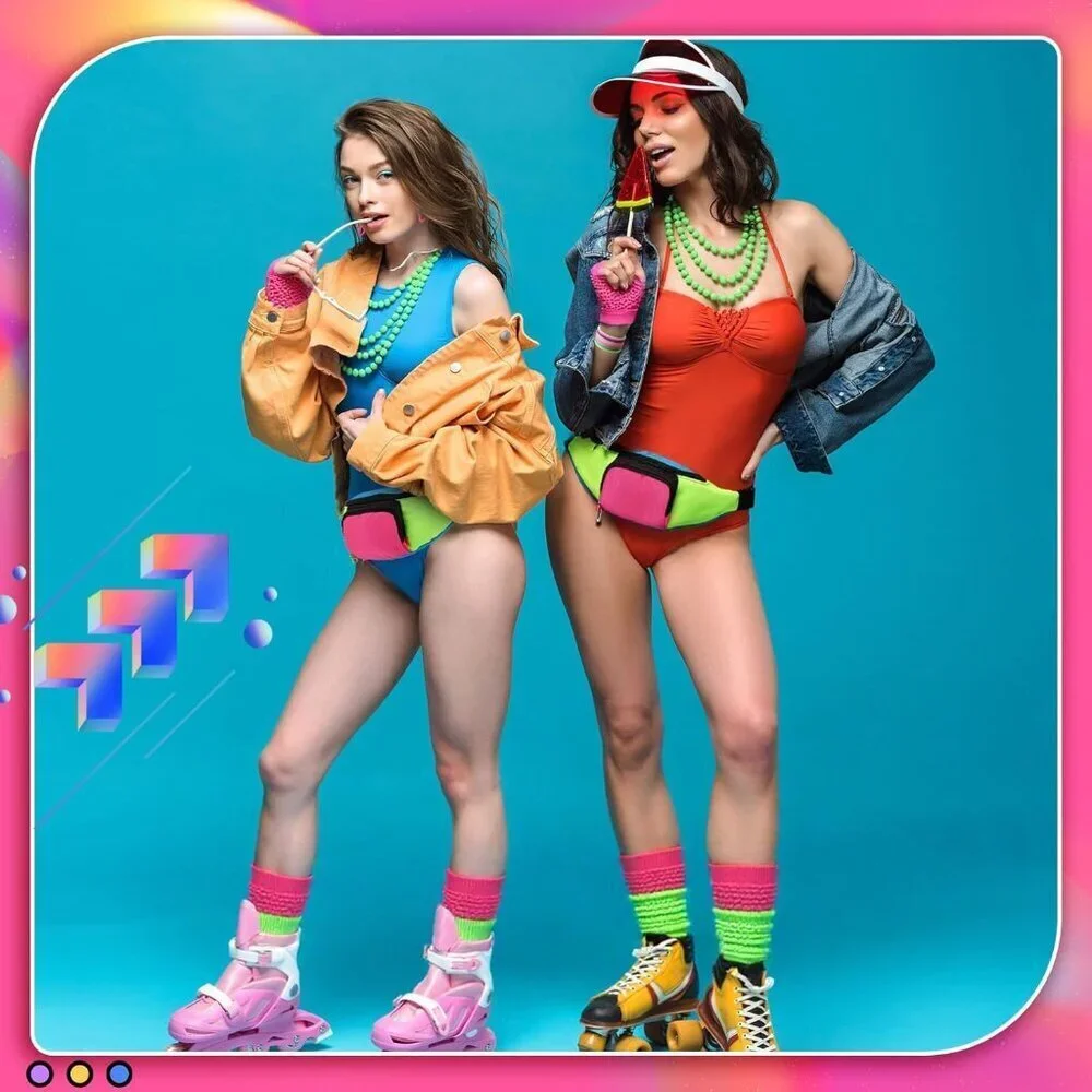 Neon Retro Fanny Pack Socks Hairband Fishnet Gloves 80s Costume Accessory